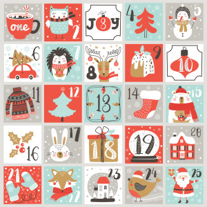 Christmas Advent calendar with hand drawn elements. Xmas Poster. Vector illustration